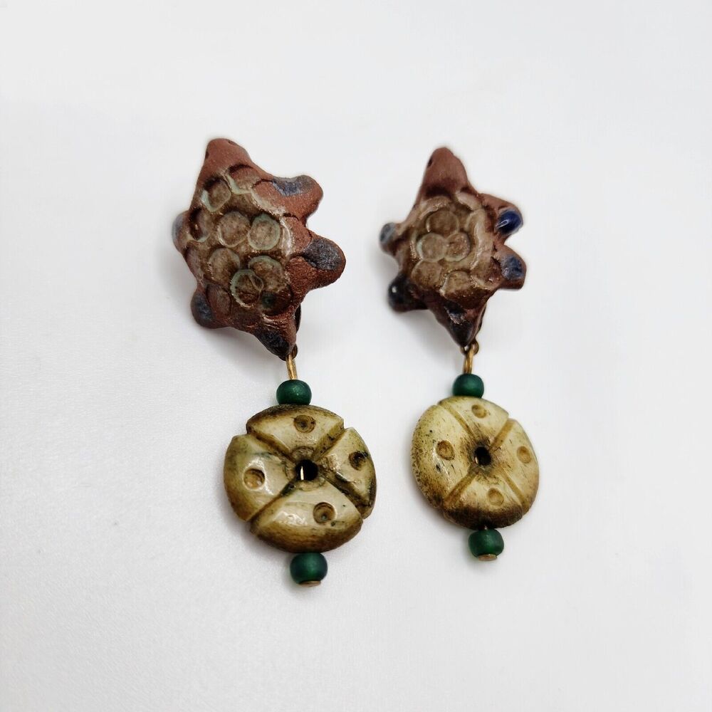 Vintage Teresa Goodall Pottery Turtle Stoneware Artisand Dangle Stone Earrings